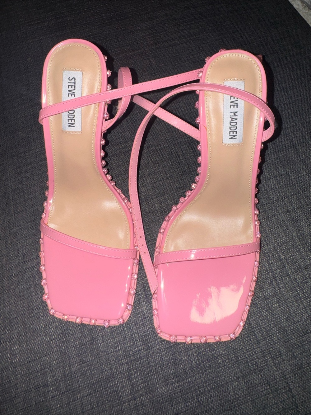 Steve Madden Pink Patent Square Toe Beaded Ankle-Strap Heels